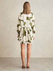 Reiss | Floral Tie-Neck Swing Dress in Ivory/Green
