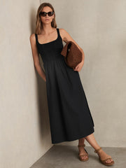 Reiss | Perforated-Knit Cotton-Skirt Midi Dress in Navy