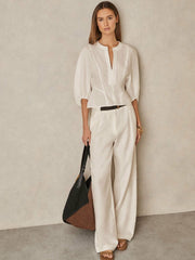 Reiss | Linen Balloon-Sleeve Top in Ivory
