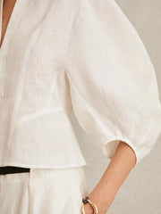 Reiss | Linen Balloon-Sleeve Top in Ivory