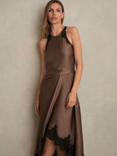 Reiss | Satin Drape Lace-Trim Dress in Mocha Brown