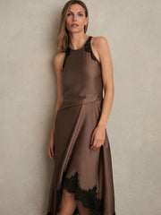 Reiss | Satin Drape Lace-Trim Dress in Mocha Brown