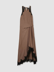 Reiss | Satin Drape Lace-Trim Dress in Mocha Brown