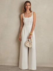 Reiss | Perforated-Knit Wide-Leg Jumpsuit in Ivory