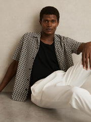 Reiss | Geometric-Crochet Cuban-Collar Shirt in Navy/White