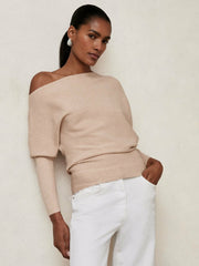 Reiss | Asymmetric Draped Knitted Jumper in Oatmeal Neutral