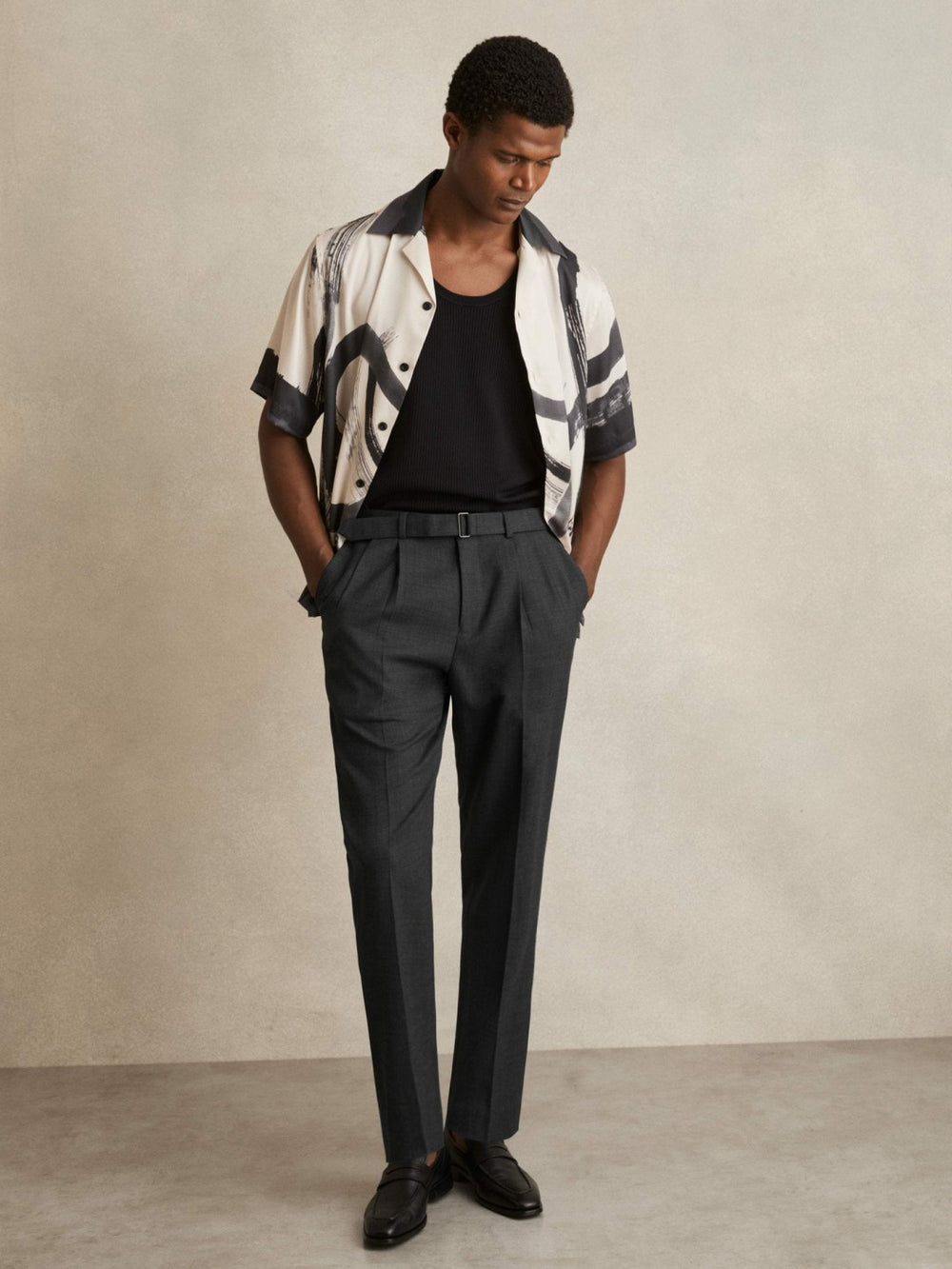 Reiss | Wool-Blend Belted Pleated Trousers Regular-Fit in Charcoal Grey
