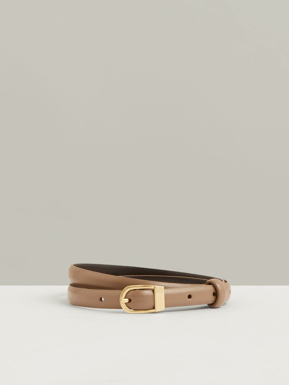 Reiss | Leather Curved-Buckle Skinny Belt in Taupe