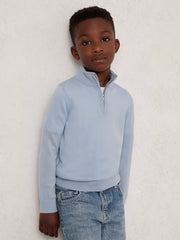 Reiss | 3-9 yrs Merino Wool Half-Zip Funnel Neck Jumper in Soft Blue Melange