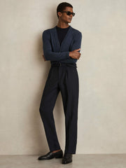 Reiss | Wool-Blend Belted Pleated Trousers Regular-Fit in Navy