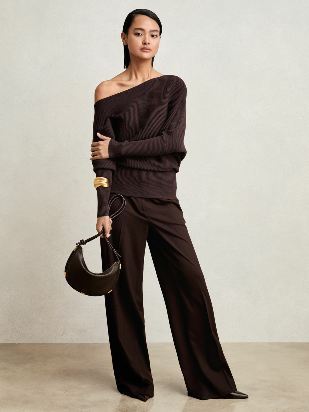 Reiss | Asymmetric Draped Knitted Jumper in Plum