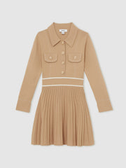 Reiss | 13-14 yrs Button-Detail Stripe Knitted Dress in Camel