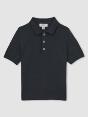 Reiss | 3-9 yrs Merino Wool Short Sleeve Polo Shirt in Midnight Navy