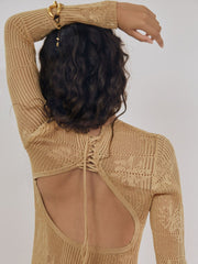 Reiss | Lace-Knit Ruched Maxi Dress in Gold