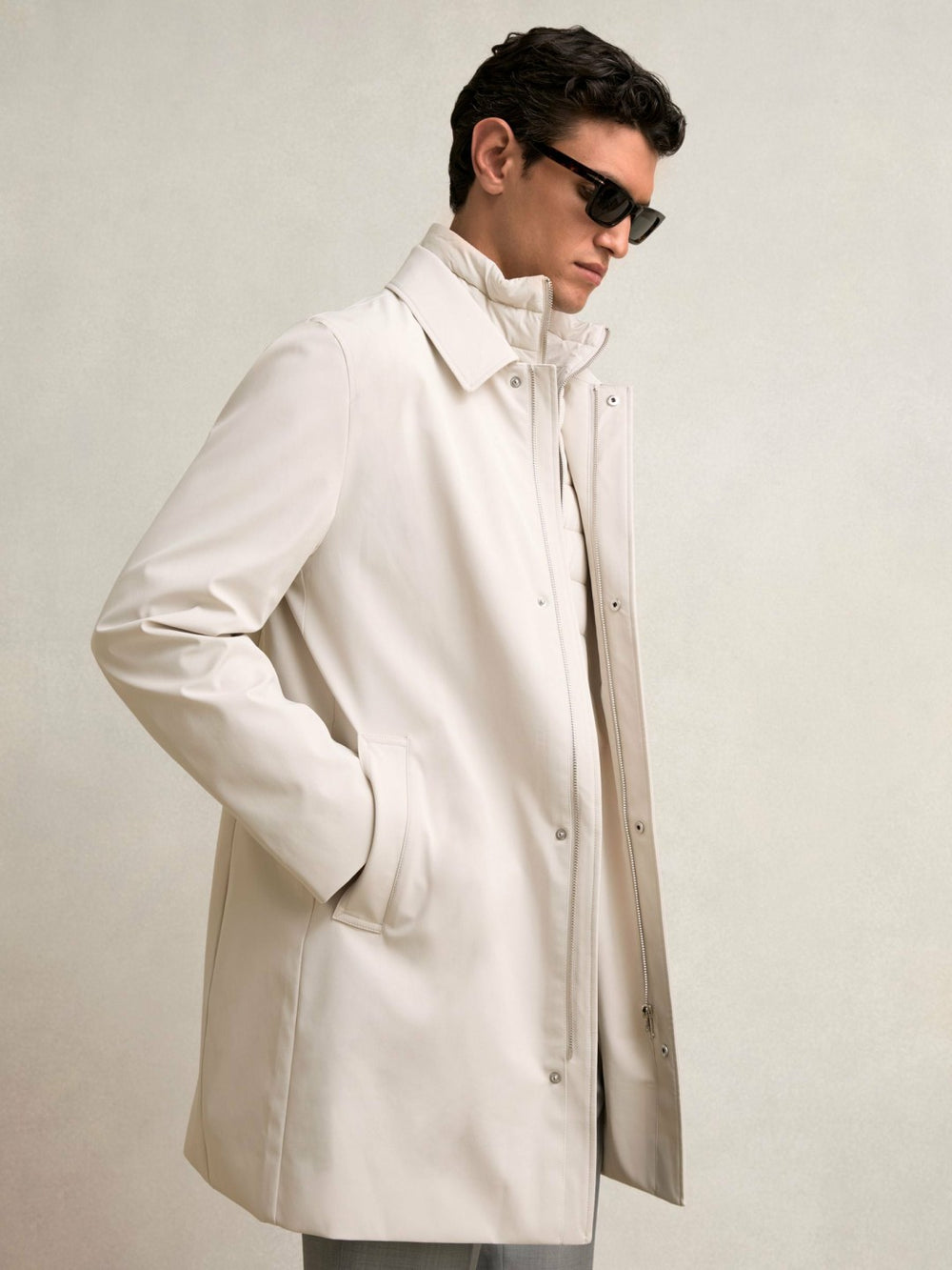 Reiss | Hybrid Removable Funnel Neck Overcoat in Light Stone