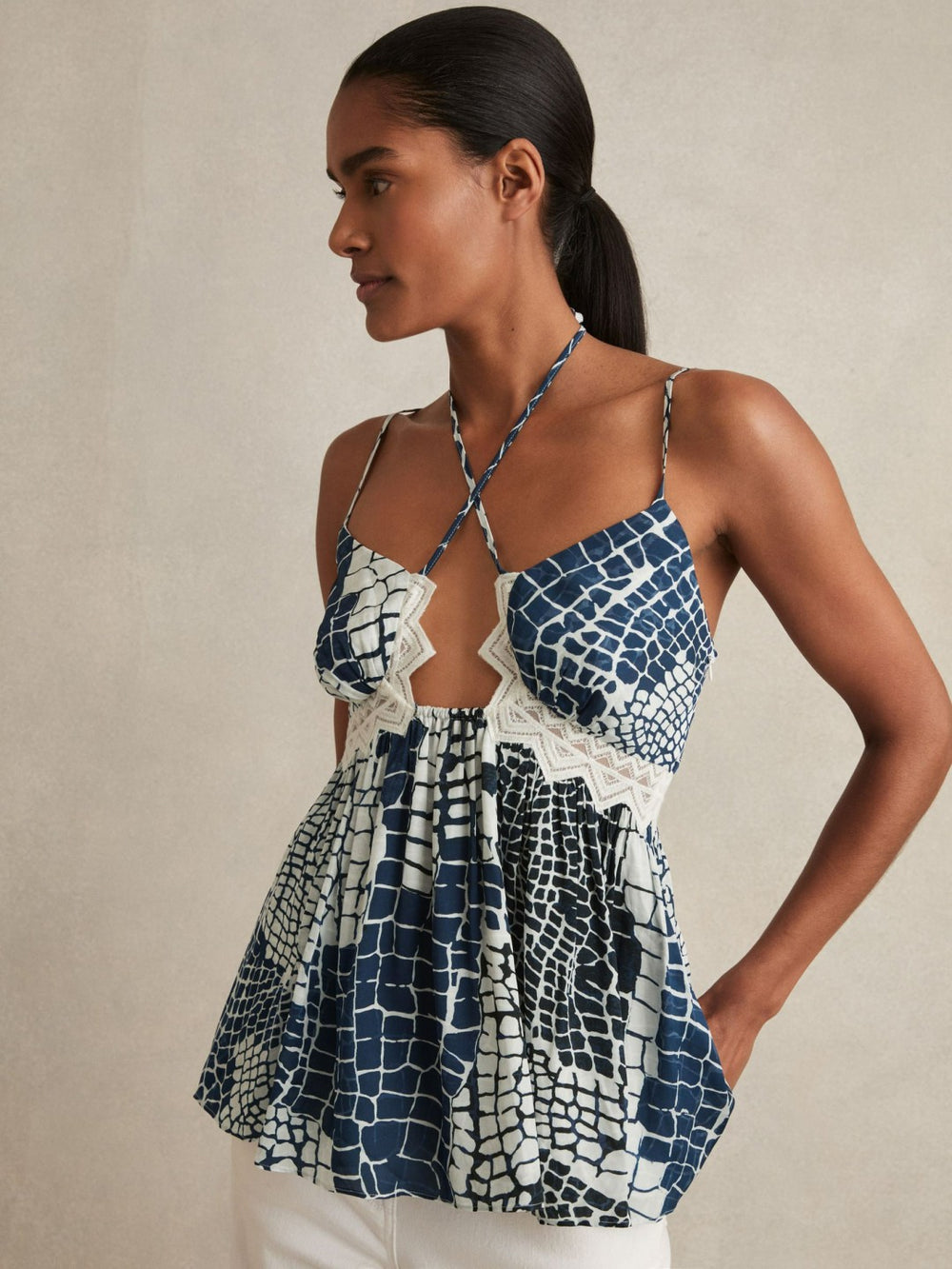 Reiss | Animal Print Lace Trim Cami Top in Blue