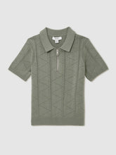 Reiss | 13-14 yrs Half-Zip Pointelle Polo Shirt in Sage