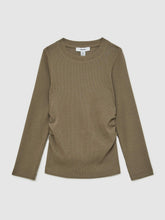 Reiss | 13-14 yrs Cotton Ruched Long-Sleeve T-Shirt with Stretch in Khaki