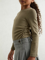 Reiss | 13-14 yrs Cotton Ruched Long-Sleeve T-Shirt with Stretch in Khaki
