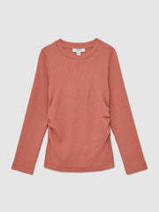 Reiss | 13-14 yrs Cotton Ruched Long-Sleeve T-Shirt with Stretch in Rose