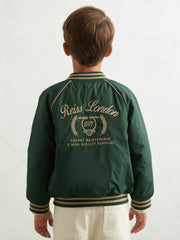 Reiss | 9-13 yrs Motor Cars Embroidered Bomber Jacket in Forest Green/Off White