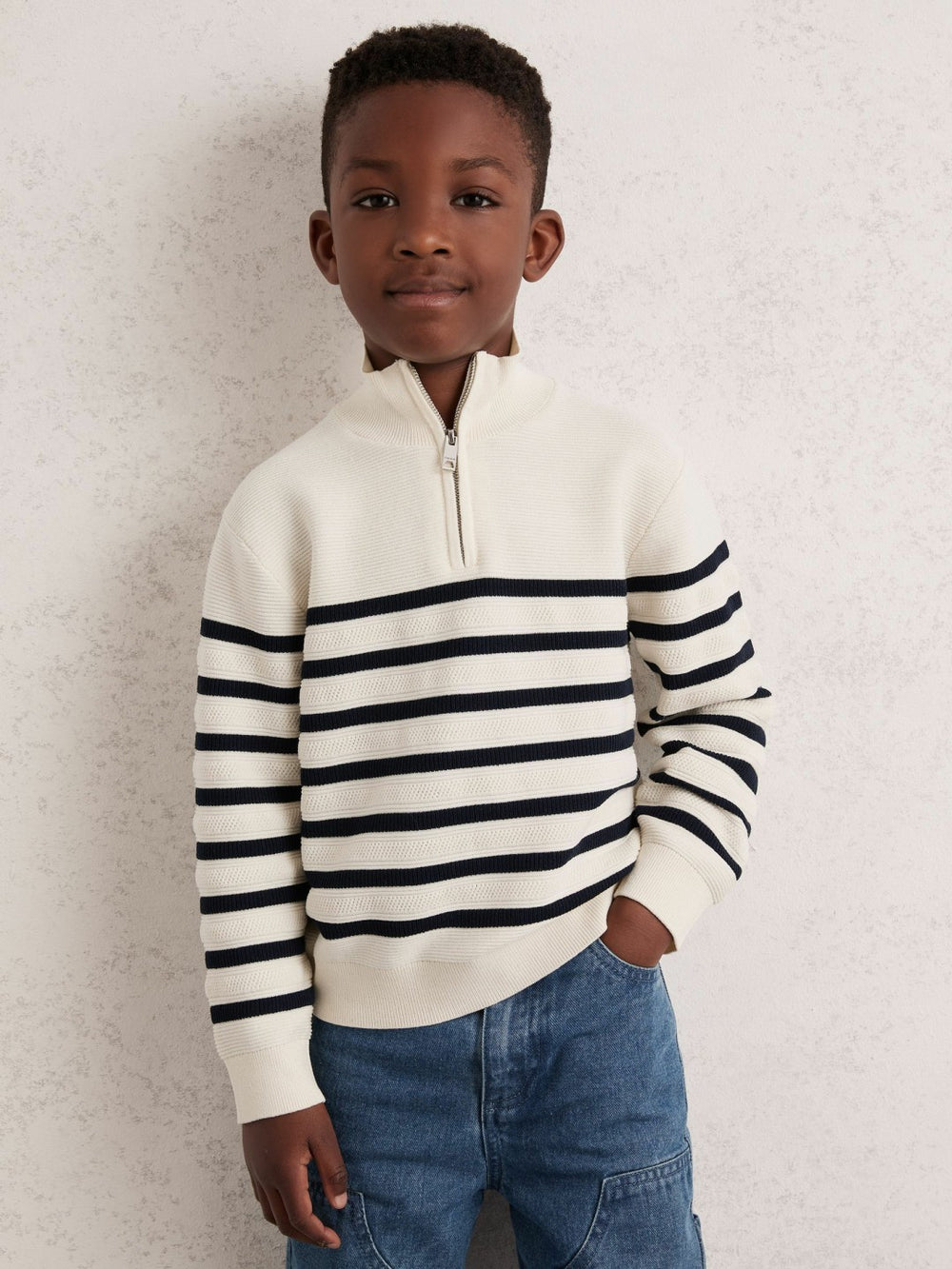 Reiss | 13-14 yrs Cotton-Blend Stripe Half-Zip Jumper in White