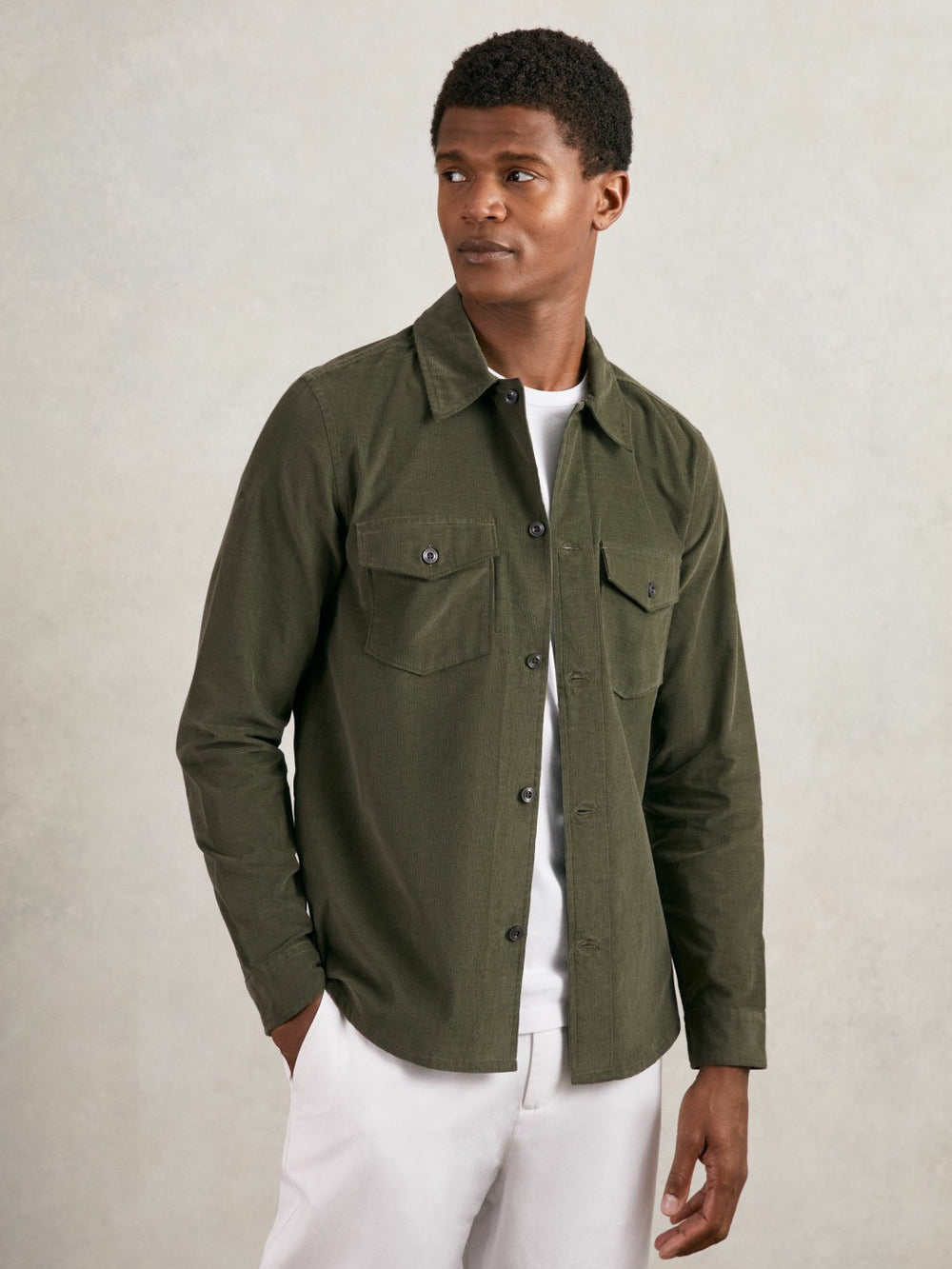 Reiss | Cotton Corduroy Twin-Pocket Overshirt in Khaki Green