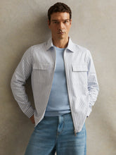 Reiss | Cotton Stripe Zip-Through Shirt in White/Soft Blue