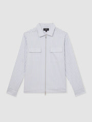 Reiss | Cotton Stripe Zip-Through Shirt in White/Soft Blue