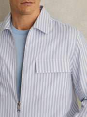 Reiss | Cotton Stripe Zip-Through Shirt in White/Soft Blue