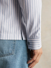 Reiss | Cotton Stripe Zip-Through Shirt in White/Soft Blue