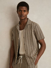 Reiss | Zig-Zag Knit Cuban-Collar Shirt in Tobacco Brown