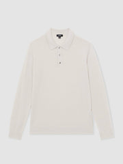Reiss | Merino Wool Long-Sleeve Polo Shirt in Beige