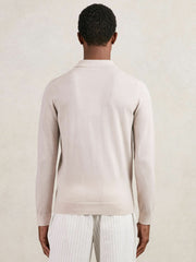Reiss | Merino Wool Long-Sleeve Polo Shirt in Beige