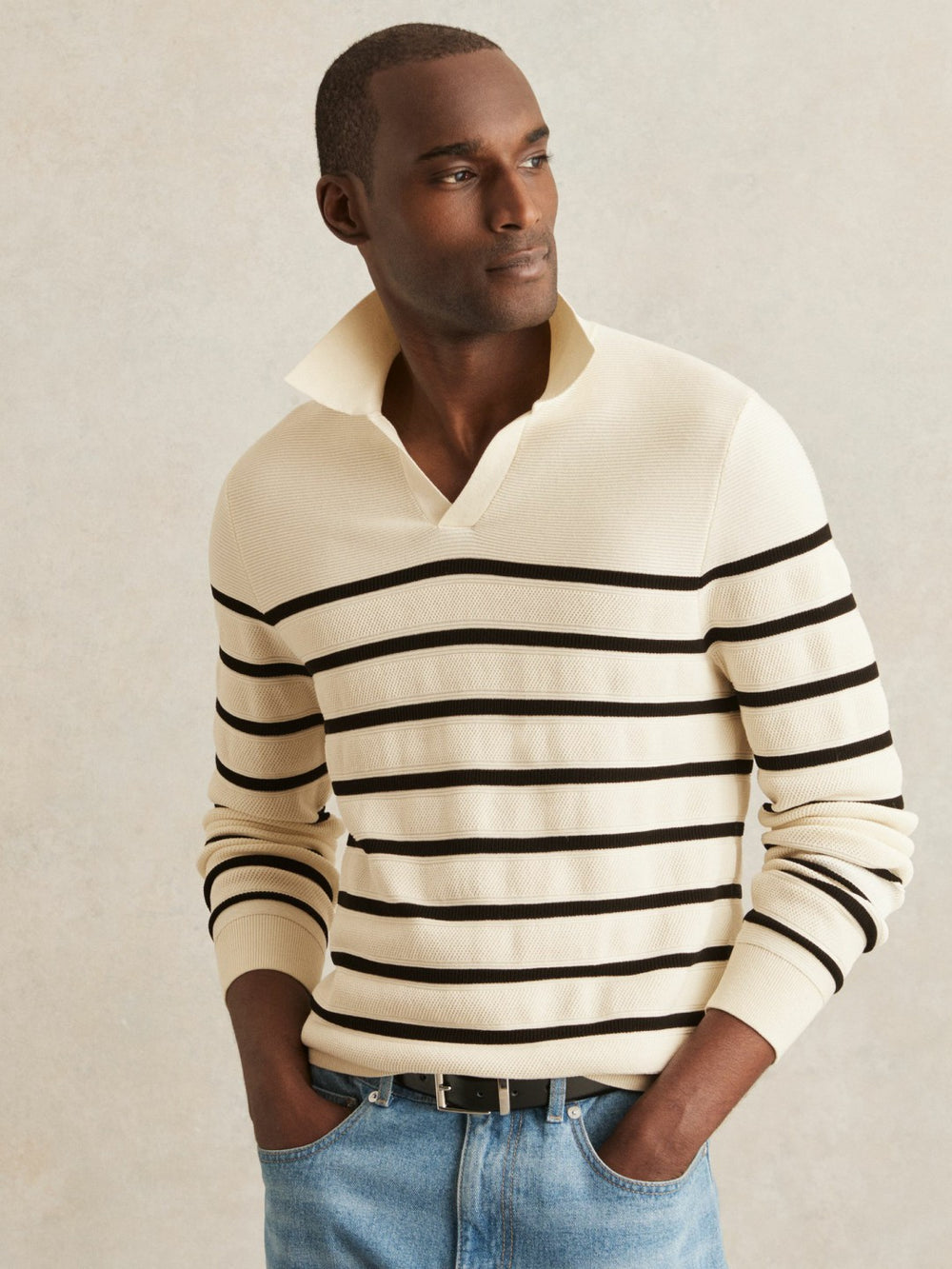 Reiss | Cotton Blend Stripe Knit Polo Shirt in Warm Stone/Black