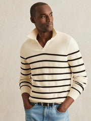 Reiss | Cotton Blend Stripe Knit Polo Shirt in Warm Stone/Black