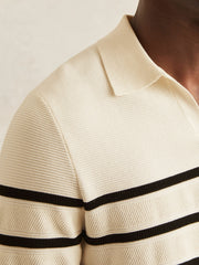 Reiss | Cotton Blend Stripe Knit Polo Shirt in Warm Stone/Black