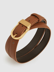 Reiss | Leather Curved-Buckle Belt in Tan