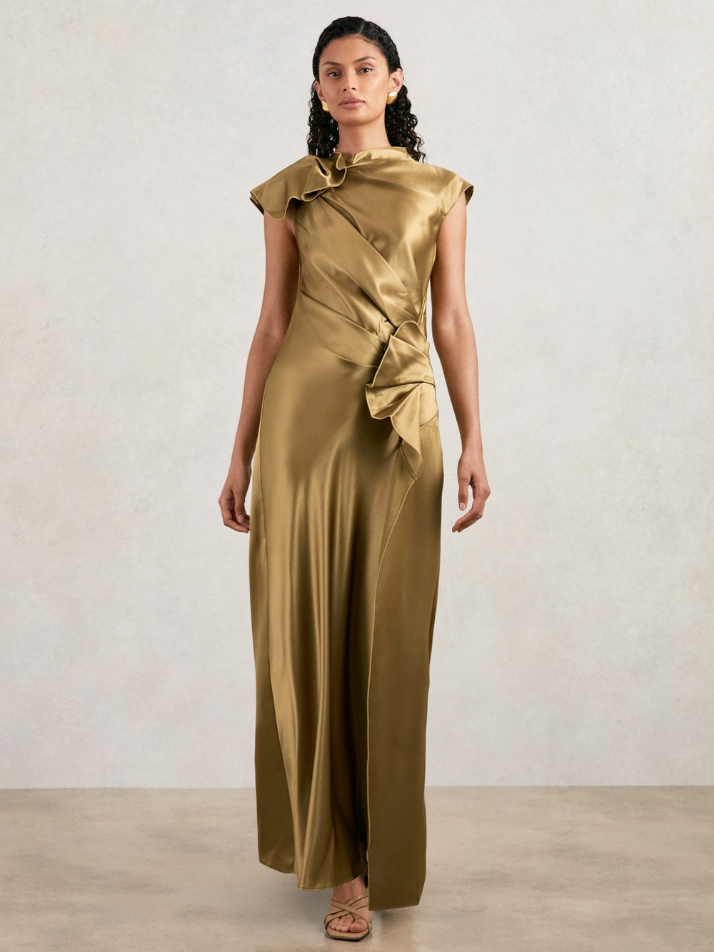 Reiss | Acler Draped Satin Midi Dress in Gold Moss