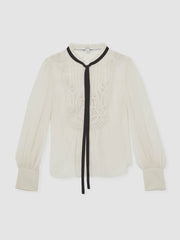 Reiss | Lace-Embroidered Tie-Neck Shirt in Cream