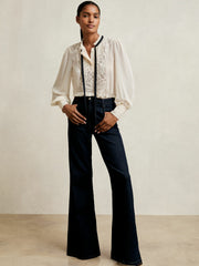 Reiss | Lace-Embroidered Tie-Neck Shirt in Cream
