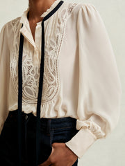 Reiss | Lace-Embroidered Tie-Neck Shirt in Cream