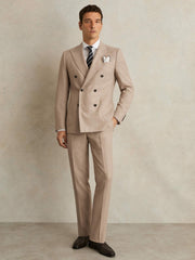 Reiss | Slim-Fit Wool-Blend Double-Breasted Suit Blazer in Oatmeal Brown