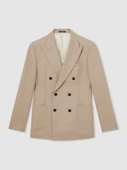 Reiss | Slim-Fit Wool-Blend Double-Breasted Suit Blazer in Oatmeal Brown