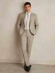 Reiss | Slim-Fit Wool Check Suit Trousers in Oatmeal Brown