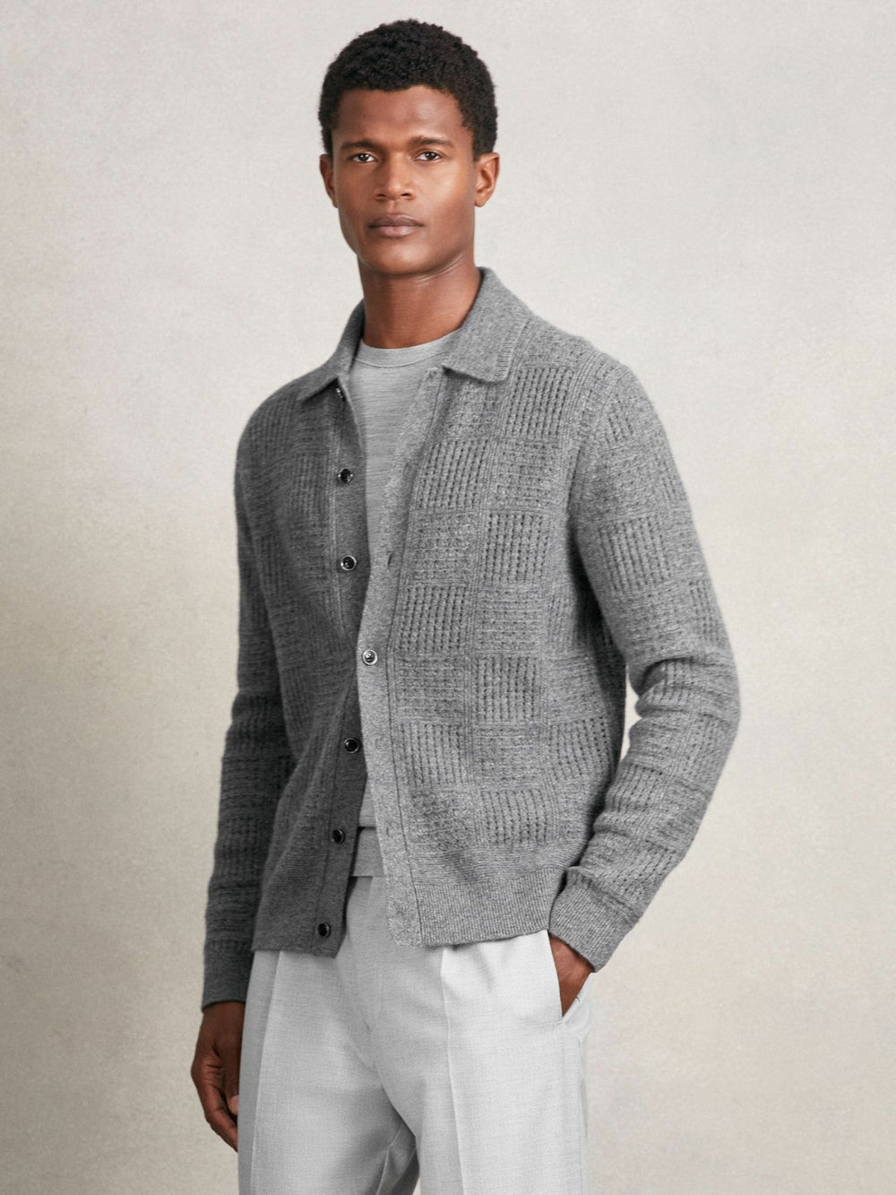 Reiss | Wool Button Through Pointelle Shirt in Mid Grey