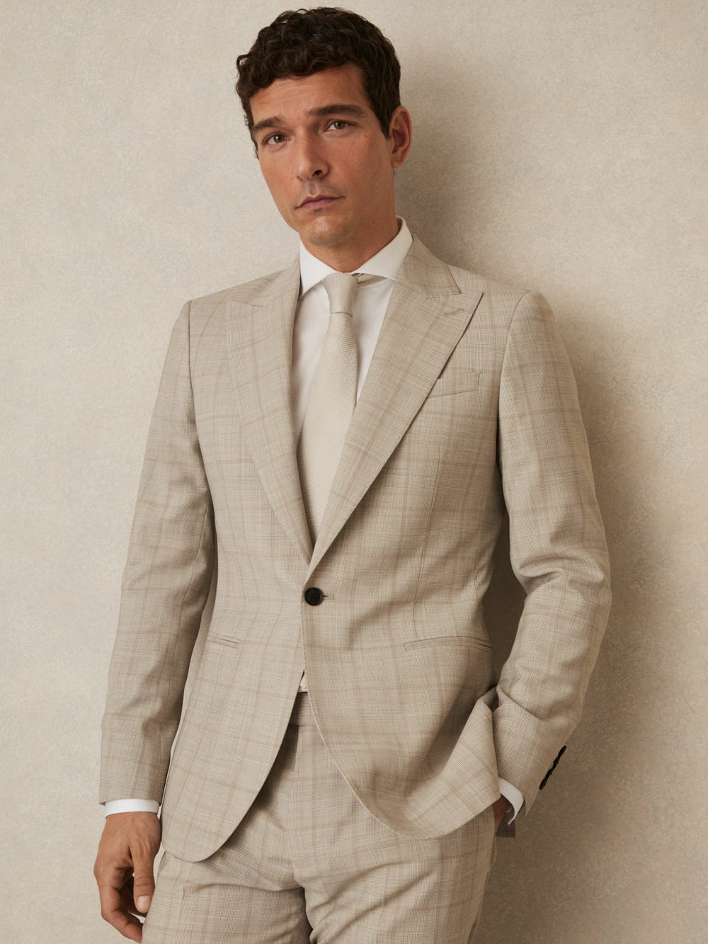 Reiss | Slim-Fit Single-Breasted Wool Check Suit Blazer in Oatmeal Brown