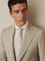 Reiss | Slim-Fit Single-Breasted Wool Check Suit Blazer in Oatmeal Brown