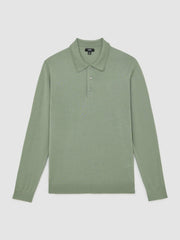 Reiss | Merino Wool Long-Sleeve Polo Shirt in Harper Green