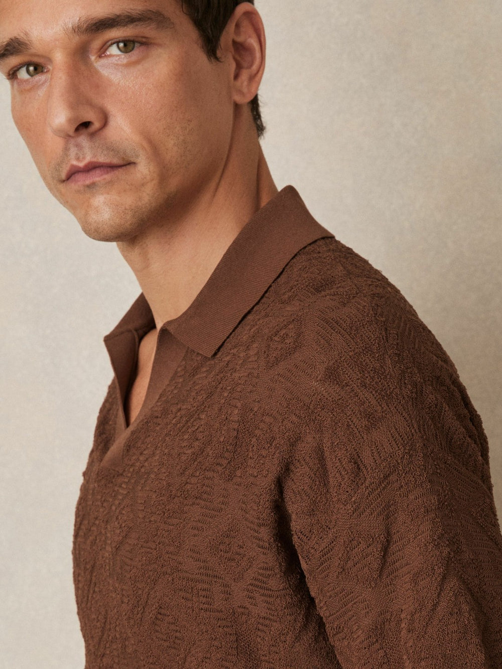 Reiss | Jacquard Loop-Stitch Polo Shirt in Tobacco